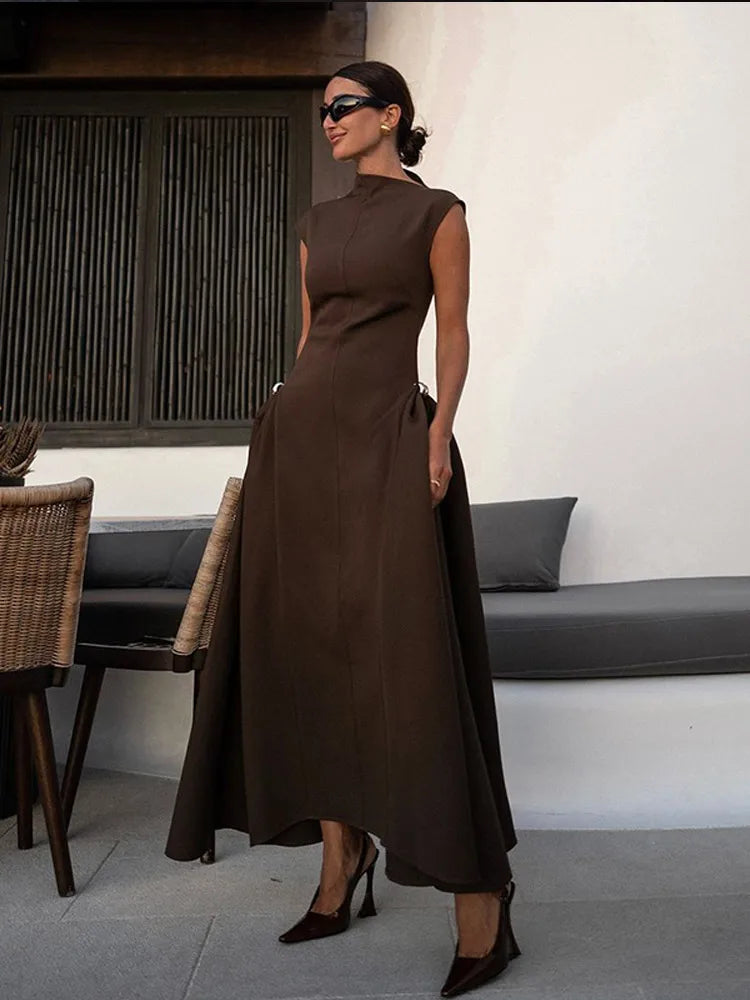 Chic Solid Slanted Collar Pleated A-line Maxi Dress