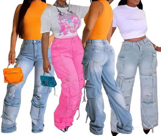 Denim Pocket Retro Loose Wide Leg Cargo Pants