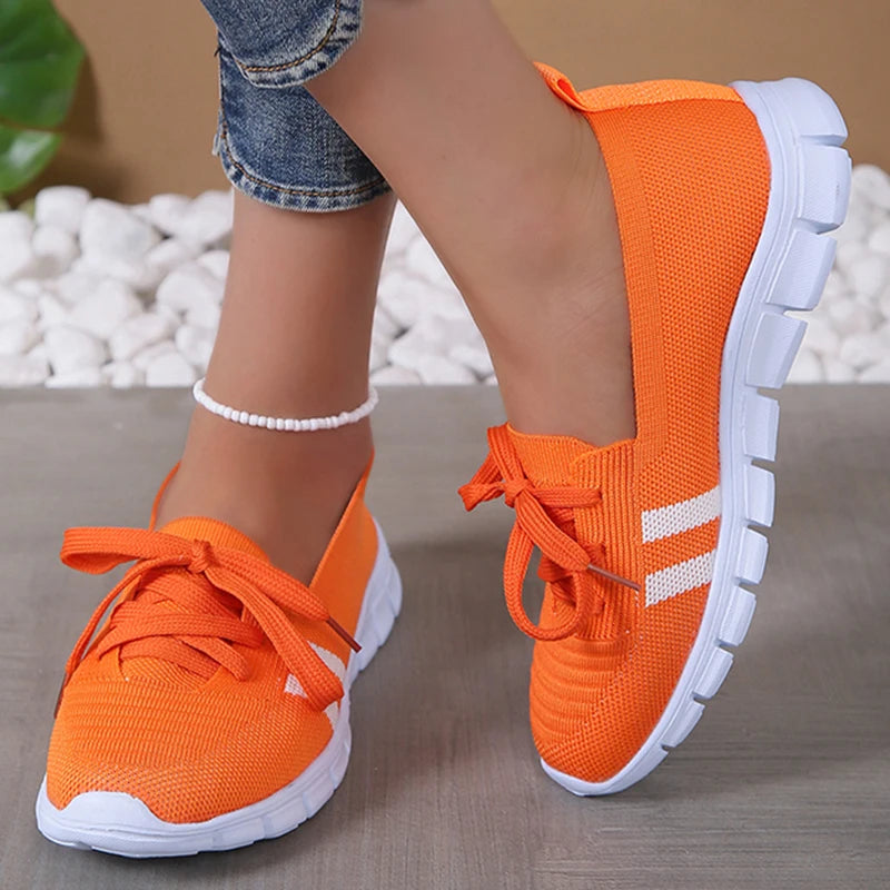 Breathable Knitted Striped Flats Shoes Women Casual Lace-Up Soft Sole