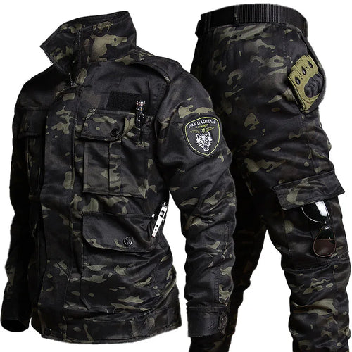 Military Wear-resistant Sets Men Camo Spring Autumn Multi-pocket Army