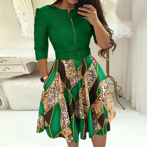 Fashion Women Patchwork A-line Dresses Autumn/Winter Round Neck