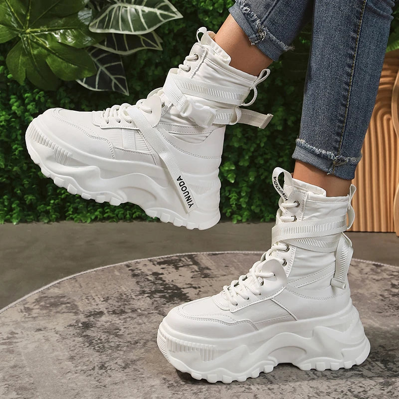 White Chunky Platform Motorcycle Boots Women Buckle Lace Up Thick