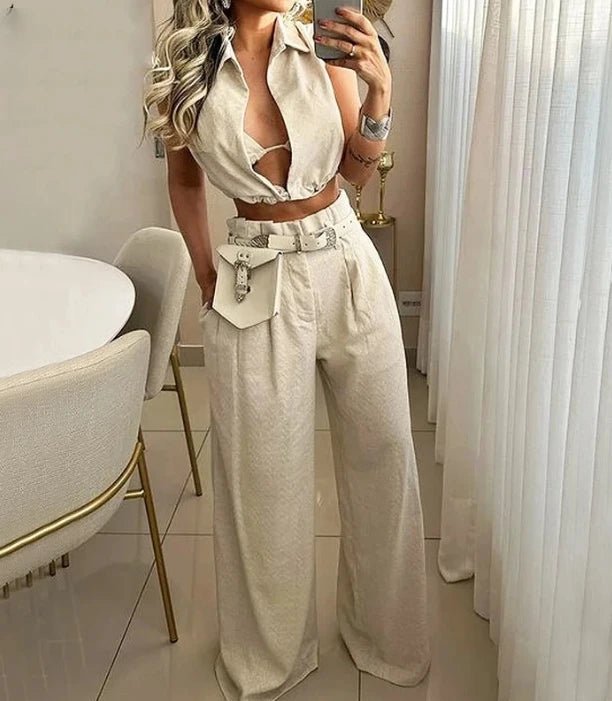 Women Two Piece Pants Set Solid Lapel V Neck Sleeveless Crop Top