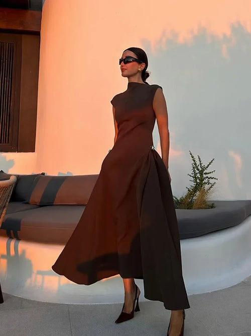 Chic Solid Slanted Collar Pleated A-line Maxi Dress