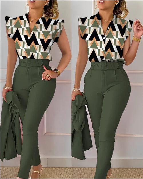 Womens Elegant Slim Two-Piece Sets Summer Fashion Print V Neck Button