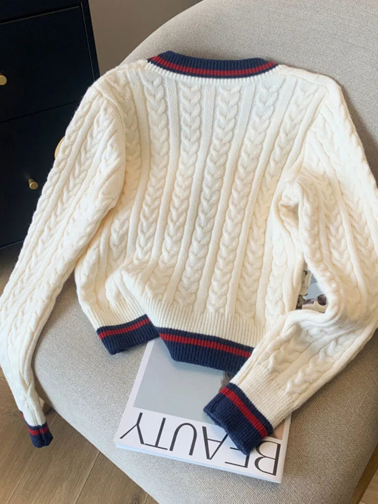 Preppy Style Cashmere Top Women V-Neck Pullover Warm Knitwear Jumper