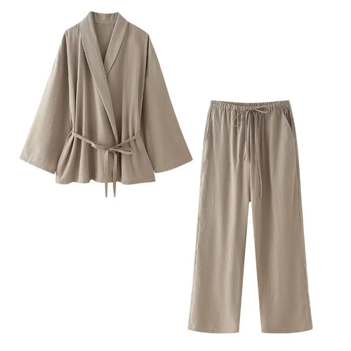 Pants Suit Solid Khaki Drawstring Long