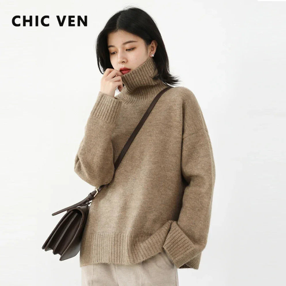 CHIC VEN Korean Women's Sweater Loose Turtleneck Sweaters Warm Solid