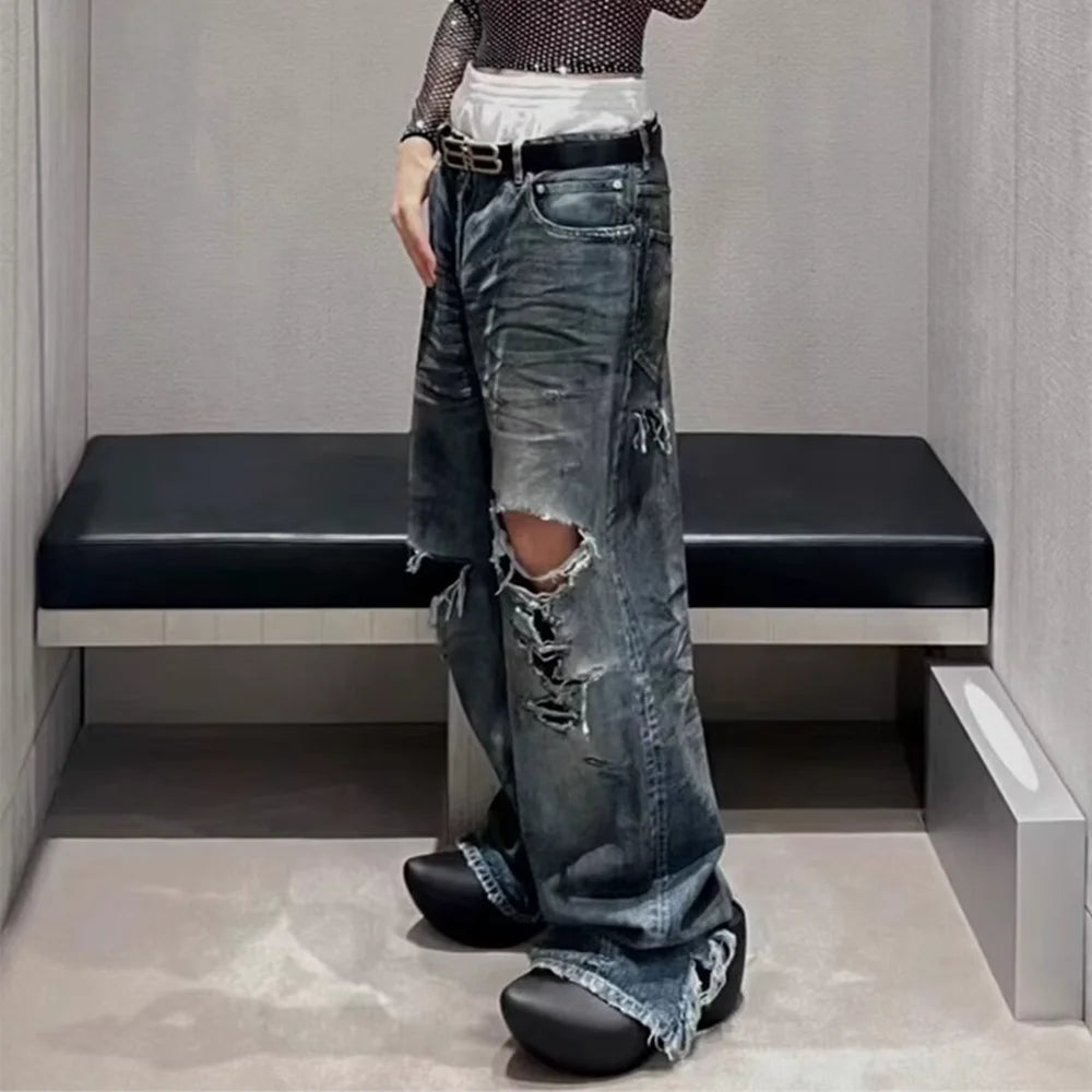 Frayed Damaged Hole Baggy Wide Leg Jeans for Men and Women Streetwear