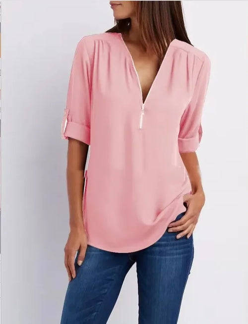 Hot Sale Women Cool Loose Shirt Deep V Neck Chiffon Fashion