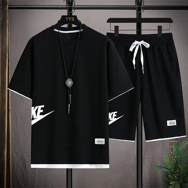 Summer Men's Waffle Sets Casual T-Shirt And Shorts Set Male Sports