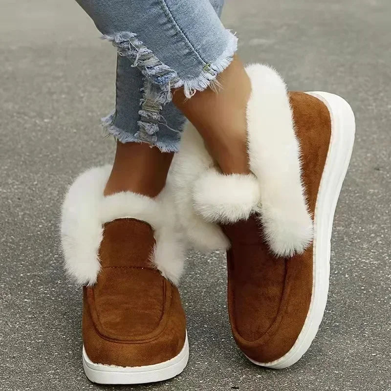 New Ladies Slip on Comfortable Ankle Boots Women Winter Warm Plush Fur