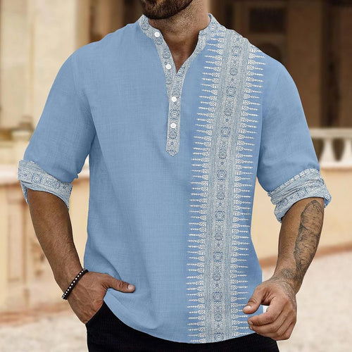 Autumn Henley Shirts Ethnic Style 3D Print Tops Blouse Men's Casual