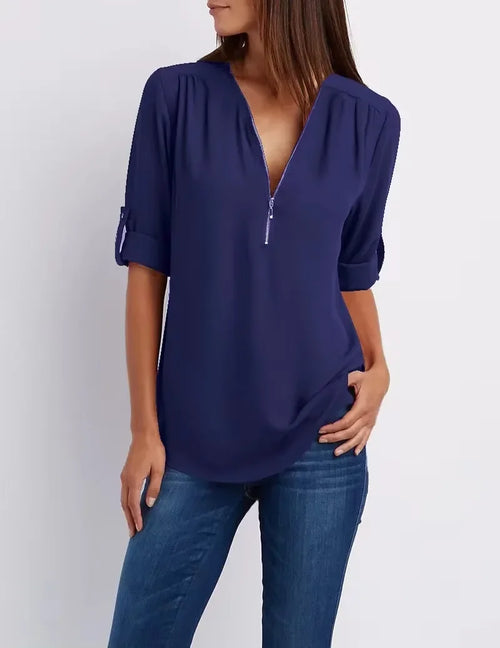 Hot Sale Women Cool Loose Shirt Deep V Neck Chiffon Fashion