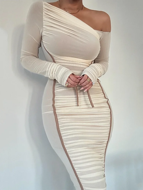 Diagonal Collar Long Sleeve Midi Dress