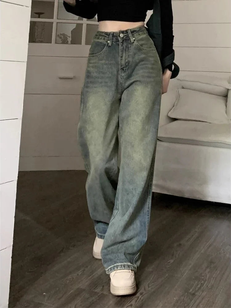 Deeptown Y2k Baggy Wide Leg Jeans Women Vintage Streetwear Washed