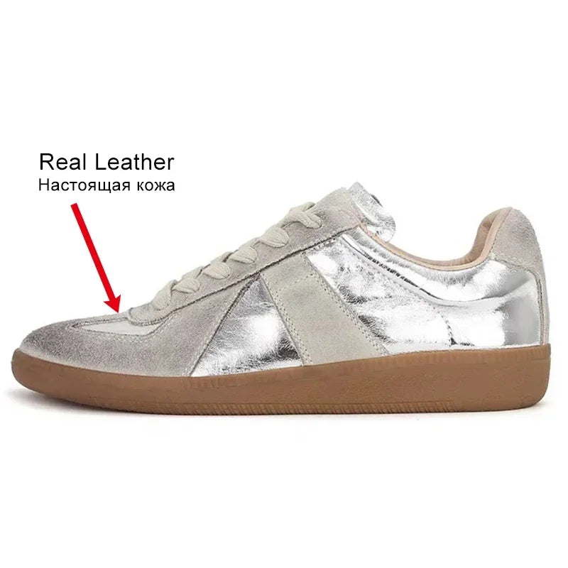 JOZHAMTA Size 35-40 Real Leather Women Casual Sneakers Silver Lace-Up