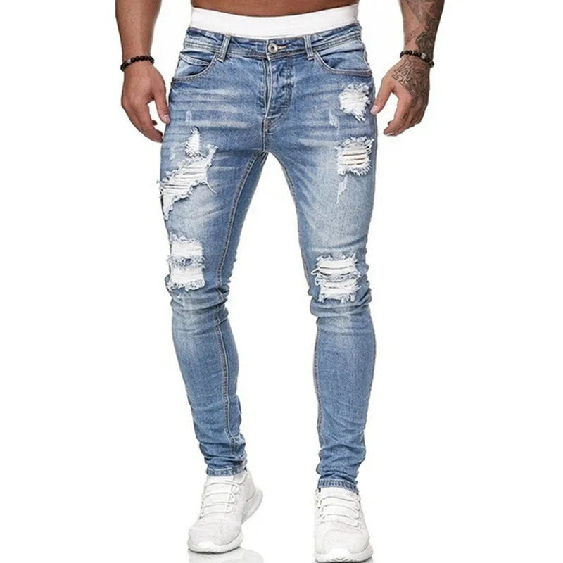 Street Style Ripped Skinny Jeans Men Vintage wash Solid Denim