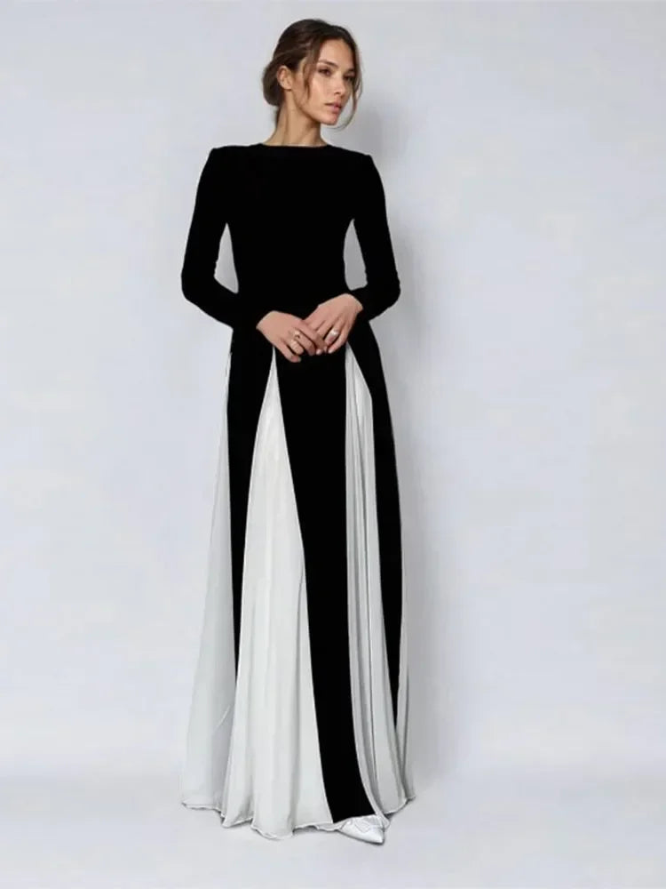 Elegant Black White Patchwork Maxi Dresses Women Fashion O-neck Long