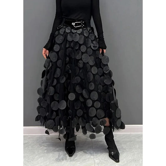 Women Polka Dot 3D Design Tulle Mesh Skirt Vintage Elastic Waist Long