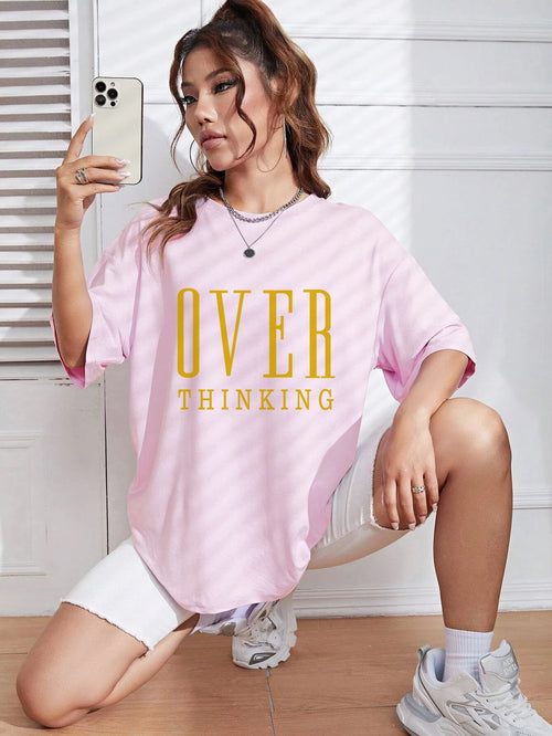 Over Thinking Letter Print Women Cotton Short Sleeve Breathable