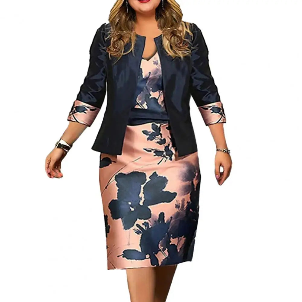 2 Pcs/Set Women Coat Dress Suits Set Floral Print Sheath Midi Dress