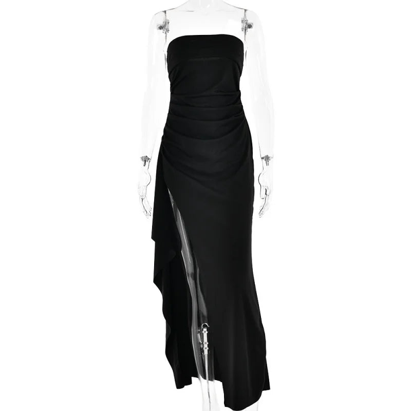 Black Off-shoulder Strapless Backless High Split Maxi Dress For Women