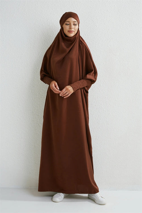 Muslim Abaya Hooded Smocking Sleeve One-piece Prayer Dress Women