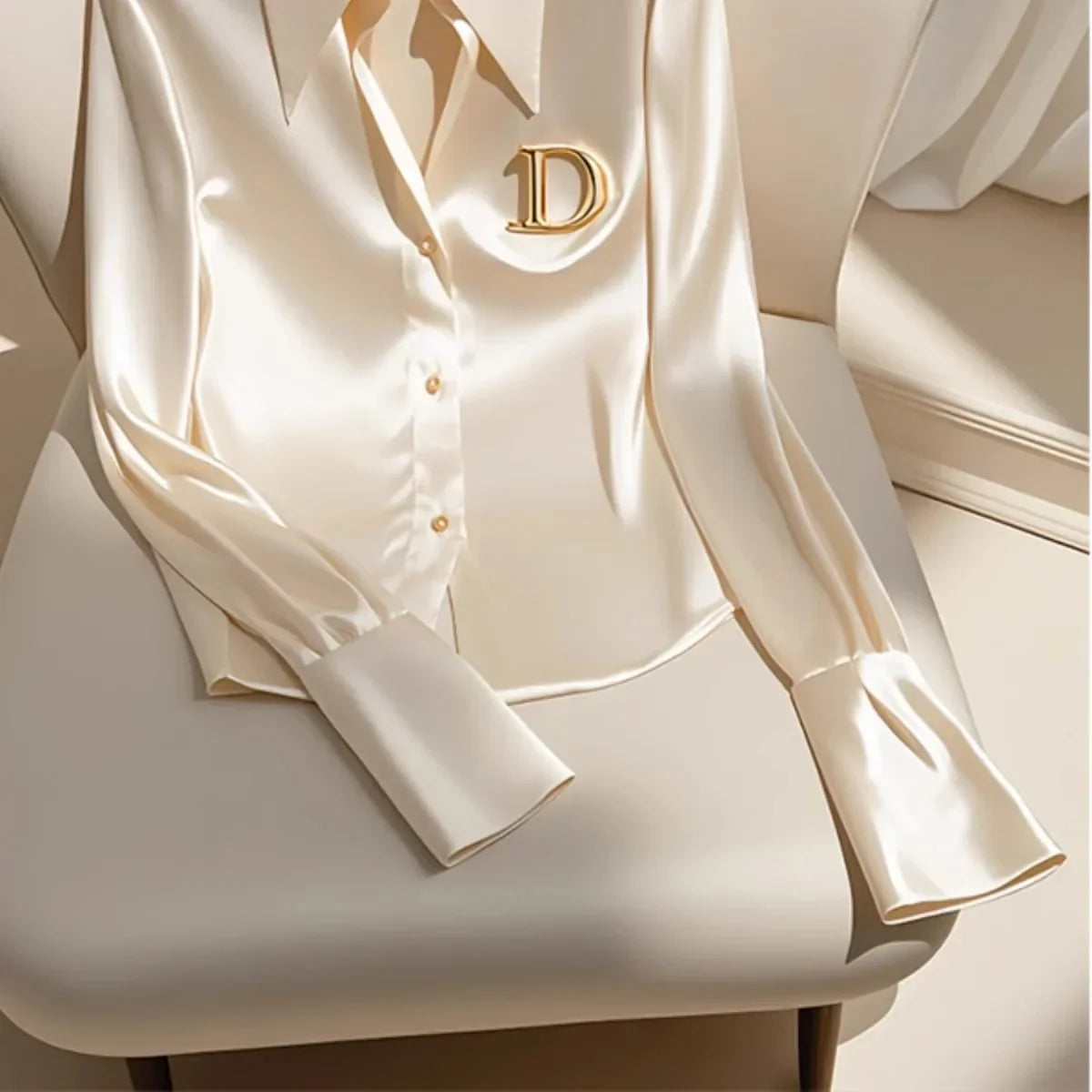 Satin Finish Shirts and Blouses Women OL Office Lady Long Sleeve