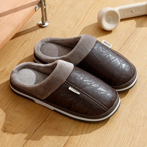 Men's slippers Winter Big Size Indoor Waterproof PU Leather Large