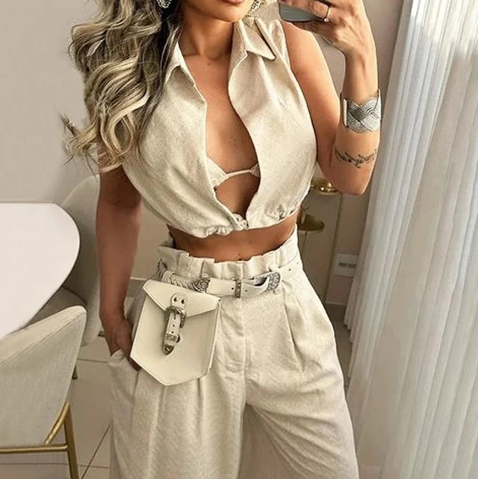 Women Two Piece Pants Set Solid Lapel V Neck Sleeveless Crop Top