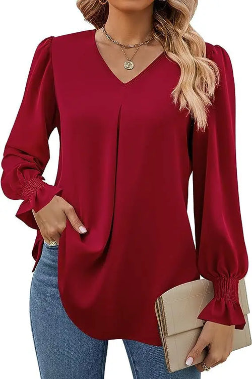 Women's New Solid Color Chiffon Shirt V-neck Pullover Flared Long