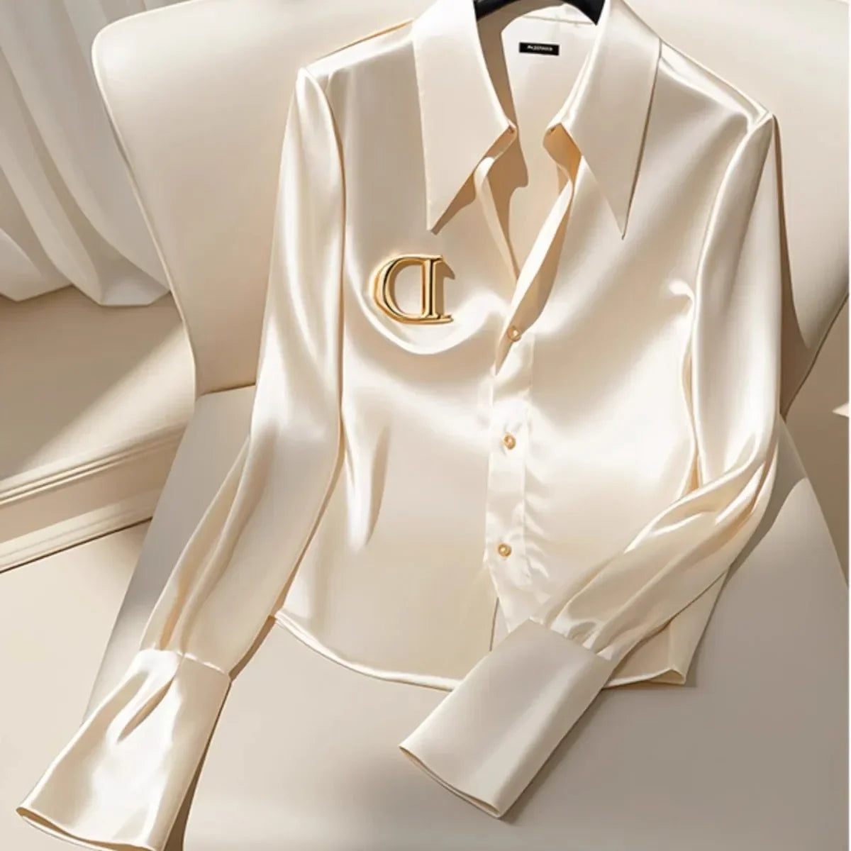 Satin Finish Shirts and Blouses Women OL Office Lady Long Sleeve