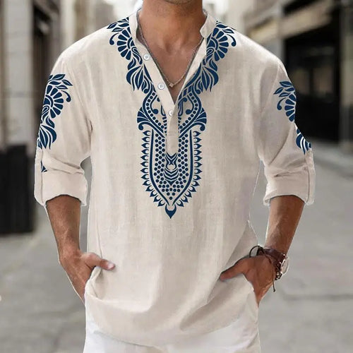 Autumn Henley Shirts Ethnic Style 3D Print Tops Blouse Men's Casual