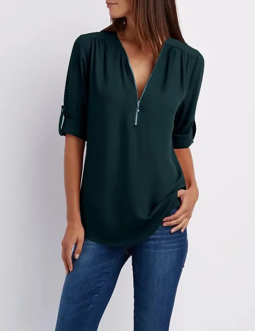 Hot Sale Women Cool Loose Shirt Deep V Neck Chiffon Fashion