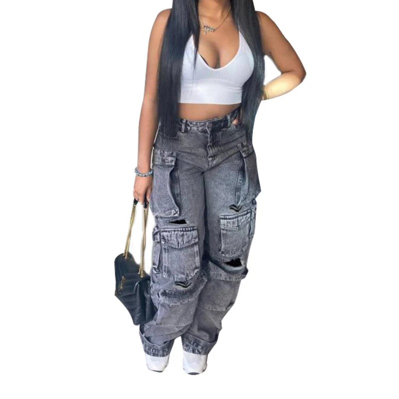 Denim Pocket Retro Loose Wide Leg Cargo Pants