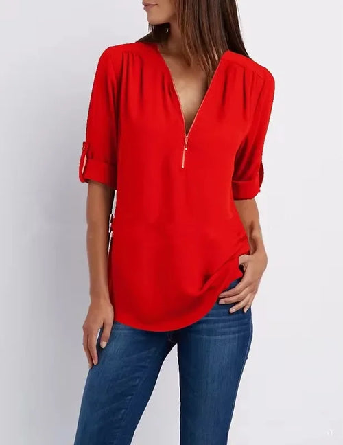 Hot Sale Women Cool Loose Shirt Deep V Neck Chiffon Fashion