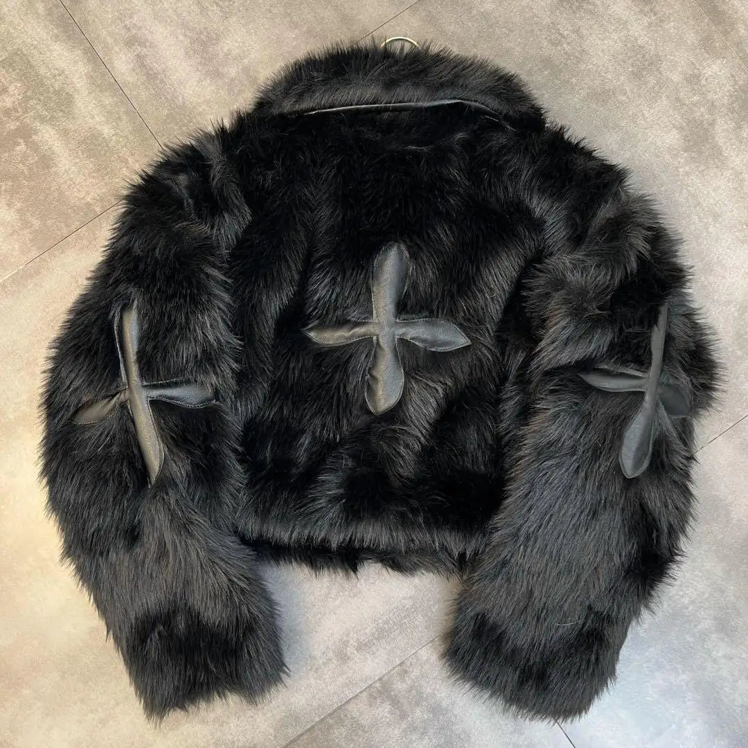 Winter Women Jacket Lapel Long Sleeve Patch PU Cross Fur Cotton