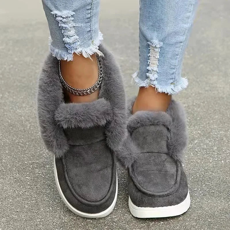 New Ladies Slip on Comfortable Ankle Boots Women Winter Warm Plush Fur