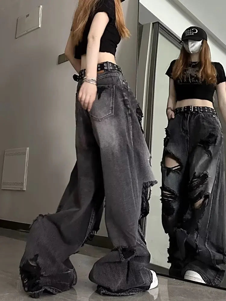 Niche Design Jeans, High Street Heavy Industry Wide Leg Pants,