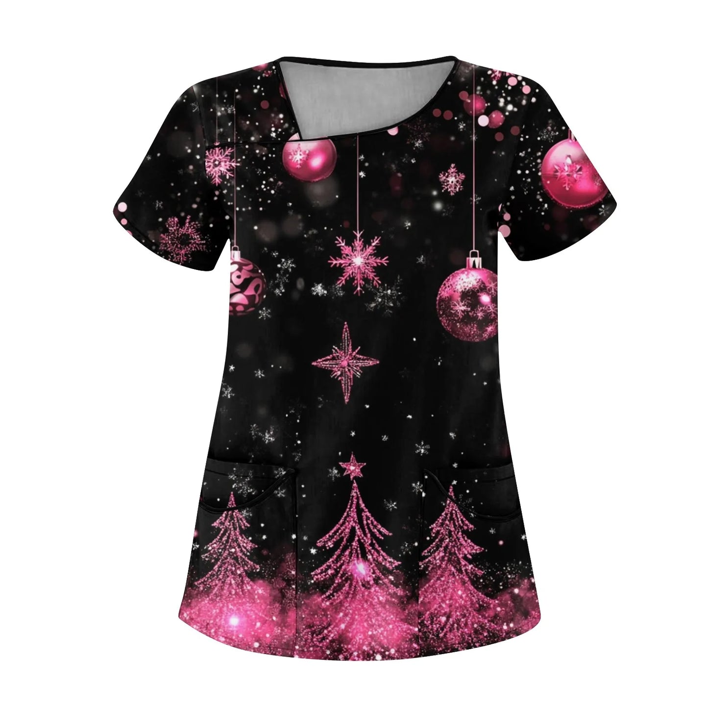 T-Shirt Christmas Nurse Uniform Scrubs Womens Cartoon Elk Print Short