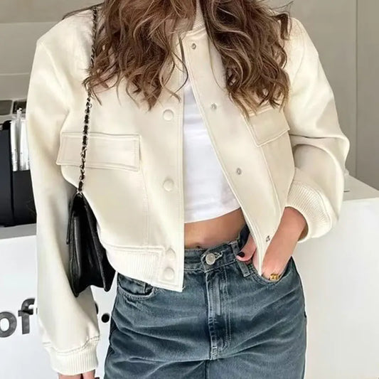 Woman Bomber Jacket Coat White Autumn Winter Button Baseball