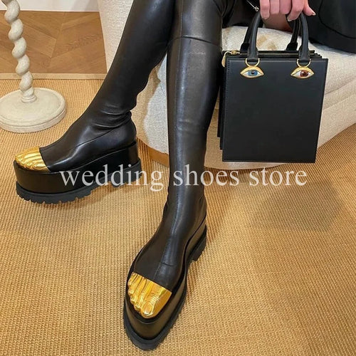 Women‘s Golden Five Toes Catwalk Boots Chunky Platform Ankle Boots