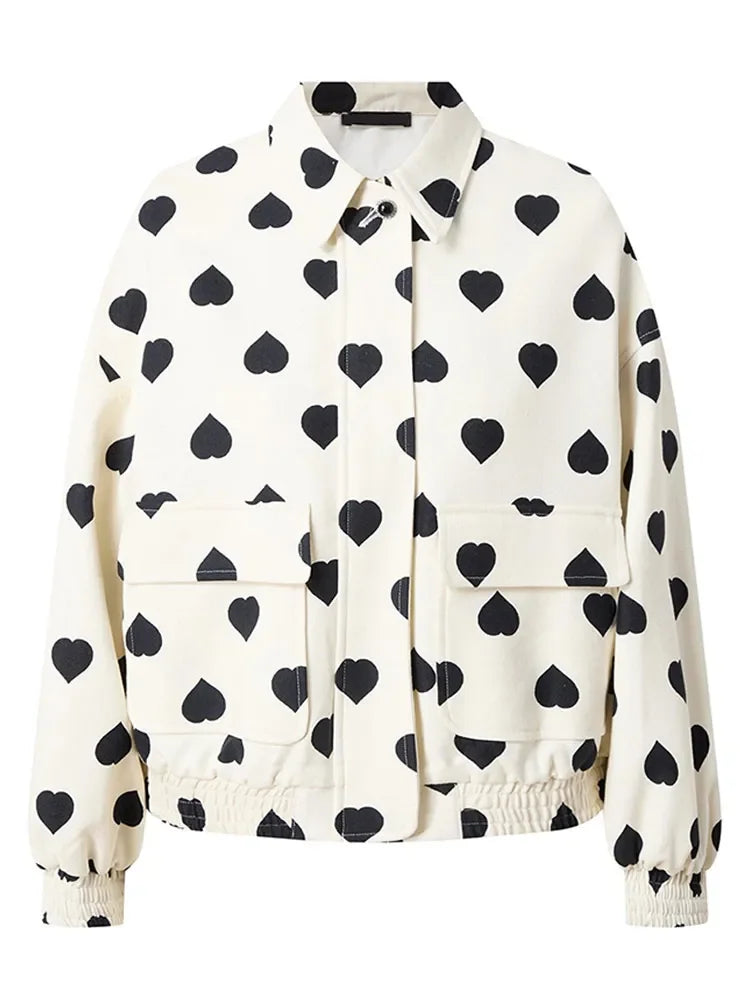 Women Elegant Black Polka Hearts Bomber Jacket Fashion Long Sleeve