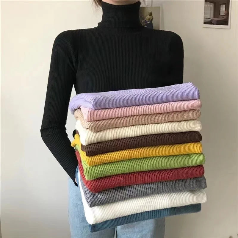 Simple Women Turtleneck Sweater Winter Fashion Pullover Elastic