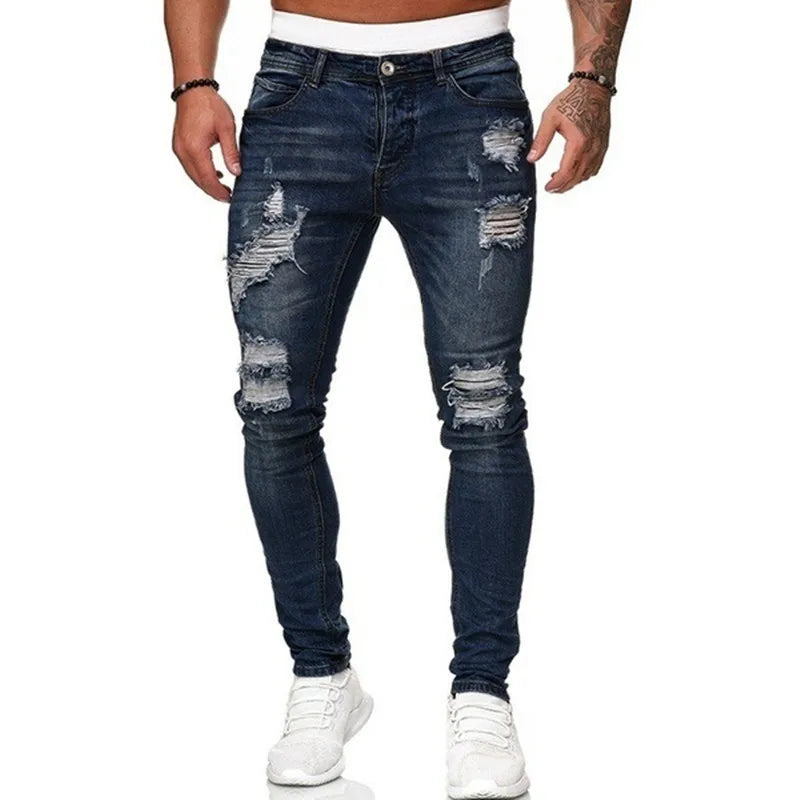 Street Style Ripped Skinny Jeans Men Vintage wash Solid Denim