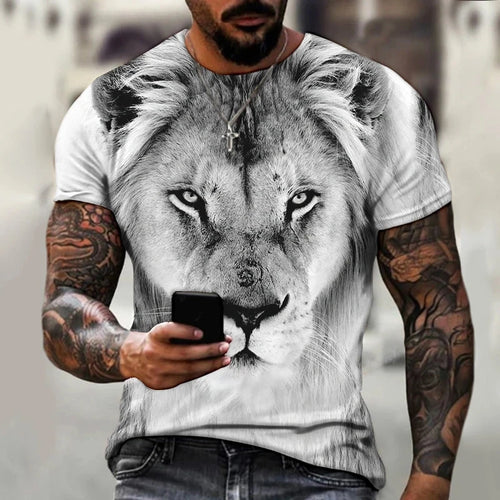 Summer Men's Round Neck T-shirt Fashion 3D Printing Lion Pattern