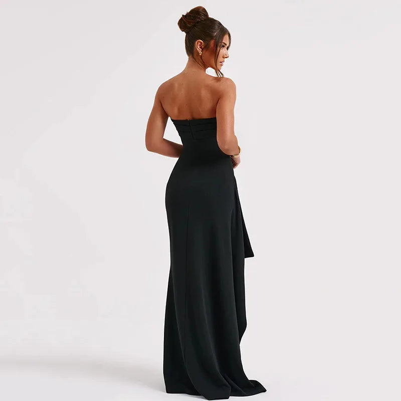 Black Off-shoulder Strapless Backless High Split Maxi Dress For Women