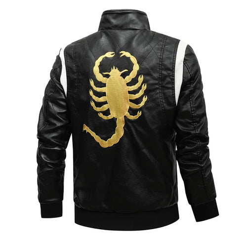 Autumn Winter Bomber Leather Jacket Men Scorpion Embroidery Hooded