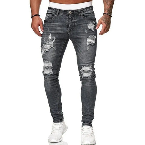 Street Style Ripped Skinny Jeans Men Vintage wash Solid Denim